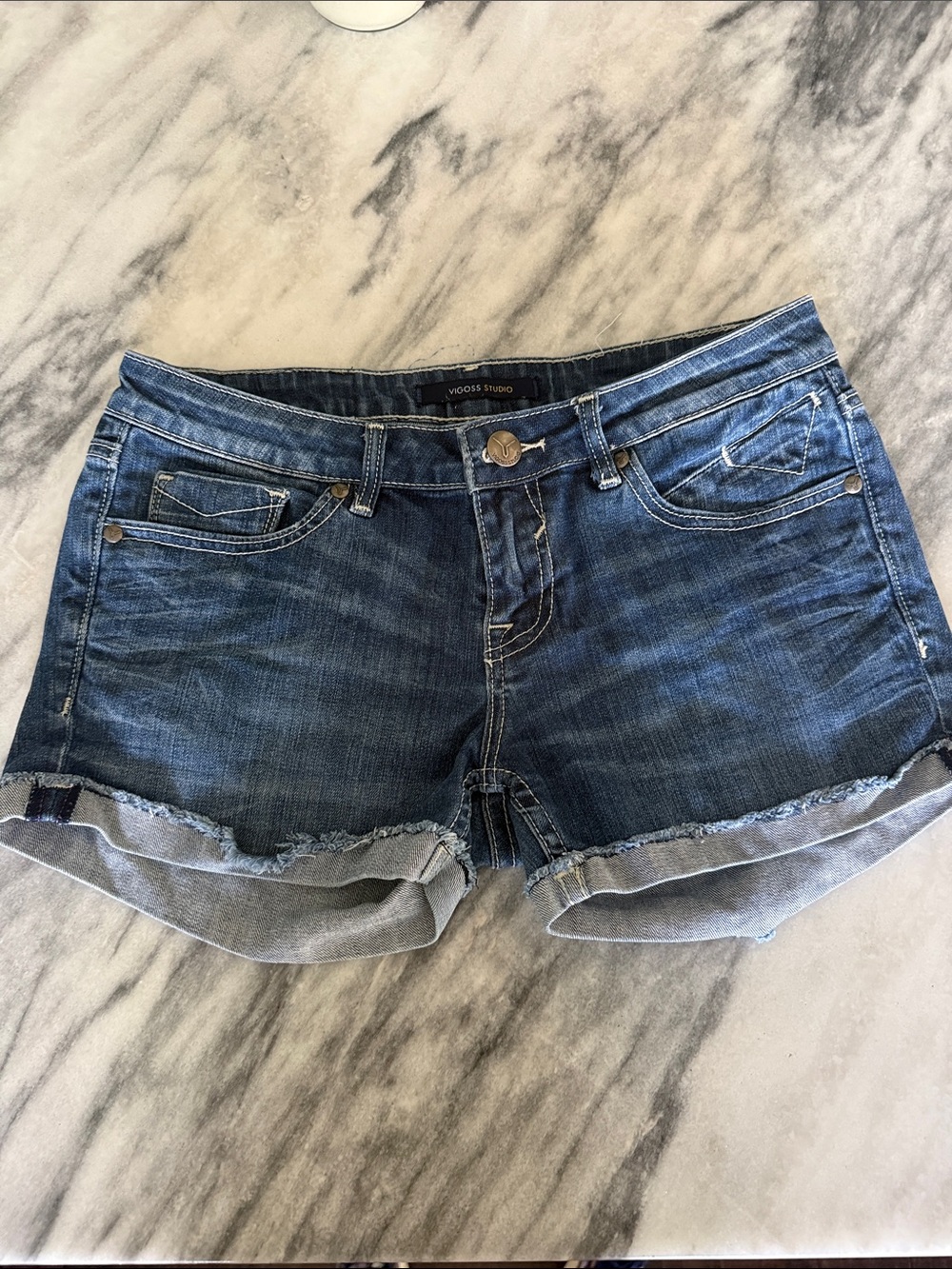 Vigoss Dark Blue Frayed Hem Denim Shorts